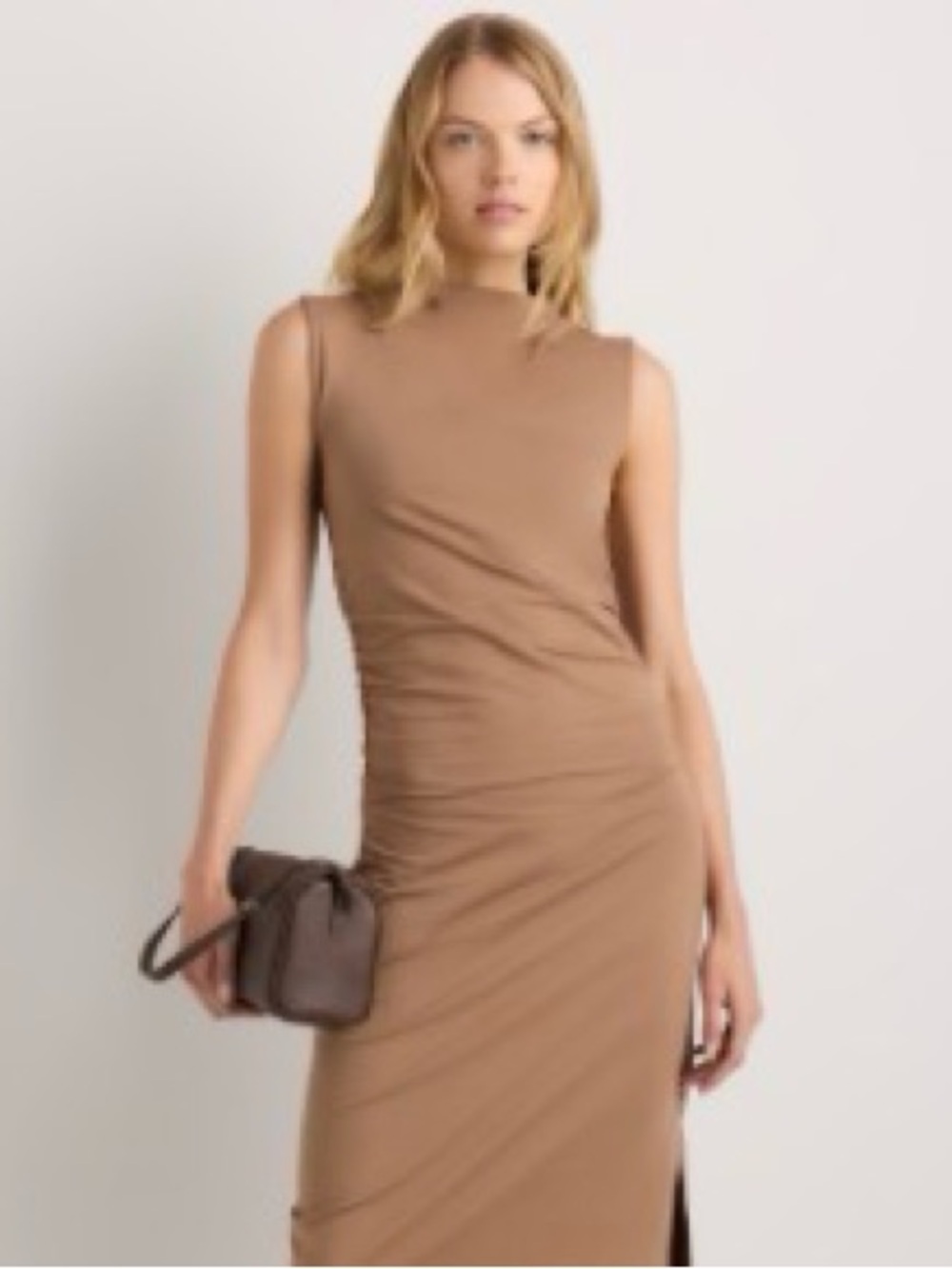 Stretch Cotton Jersey Mock Neck Midi Dress